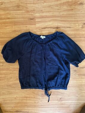 Michael Kors Navy Drawstring Crop Top with Short Puff Sleeves